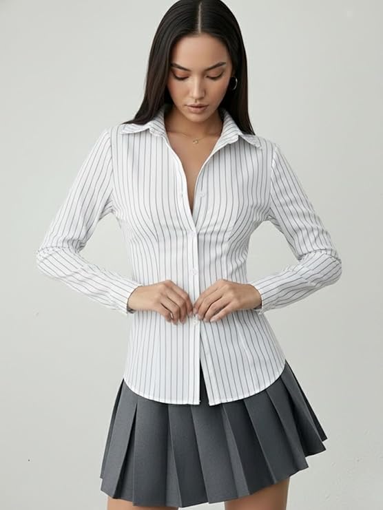 Women Shirt||Women Relaxed Fit Vertical Striped Spread Collar Cotton Casual Shirt (S-12-19) - Image 4