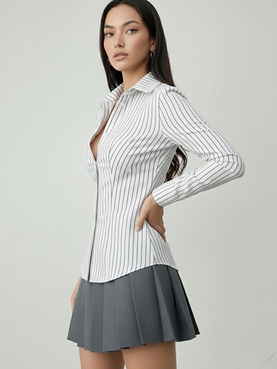 Women Shirt||Women Relaxed Fit Vertical Striped Spread Collar Cotton Casual Shirt (S-12-19) - Image 3